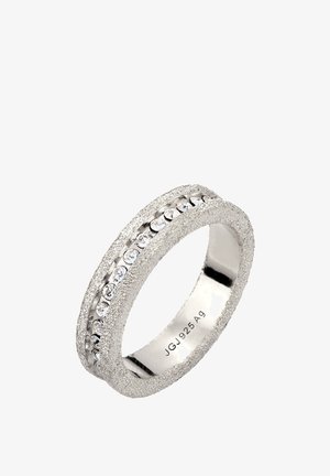 Silberner Ring mit strukturierter Oberfläche und einer zentralen Reihe kleiner klarer Edelsteine, innen graviert mit "JGJ 925 Ag".
