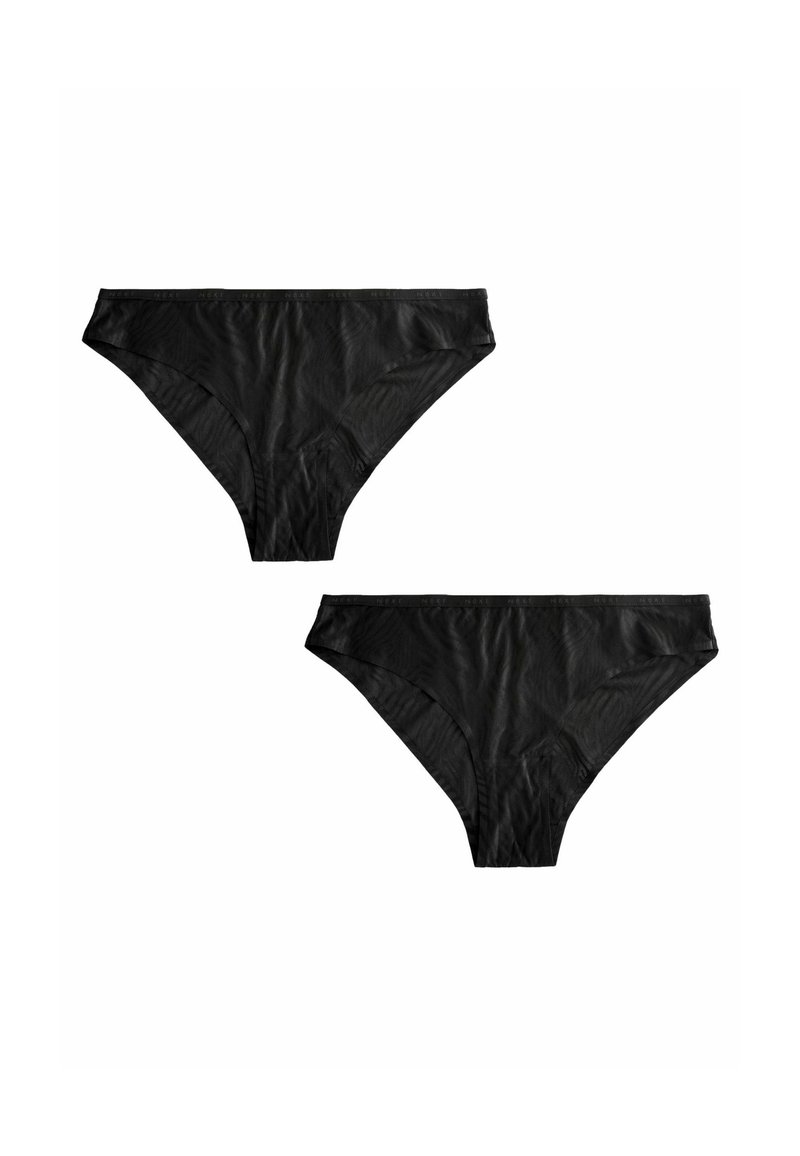 Czarne bikini dla kobiet, wykonane z gładkiego materiału, o klasycznym kroju i miękkim elastycznym pasie z subtelnym logo. Przedstawione są dwie pary.
