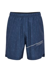 Bermudas desportivas azul-marinho com um padrão geométrico, cintura elástica e um logo branco "HUMMEL" na lateral. Tecido leve.