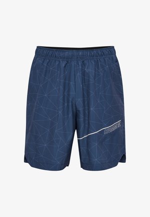 Tamsiai mėlyni sportiniai šortai su geometrišku raštu, elastinga juosta ir baltu "HUMMEL" logotipu šone. Lengvas audinys.