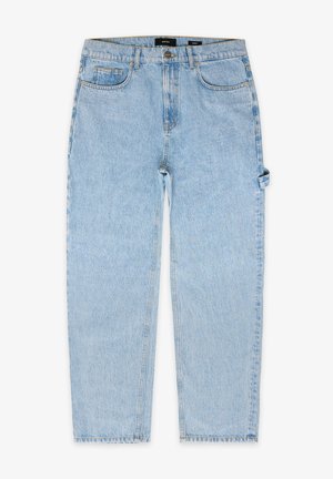 Jeans in denim azzurro chiaro con un fit a gamba dritta, design a cinque tasche e orlo sfilacciato, dotati di chiusura con bottone e passanti per cintura.
