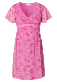 Robe courte rose avec manches flottantes, ornée d'un motif floral rouge et blanc. Encolure en V et taille empire. Tissu léger.