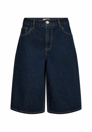 Tmavomodré rifľové krátke nohavice po kolená s pútkami na opasok, zapínaním na predné gombíky a viditeľným kontrastným šitím.