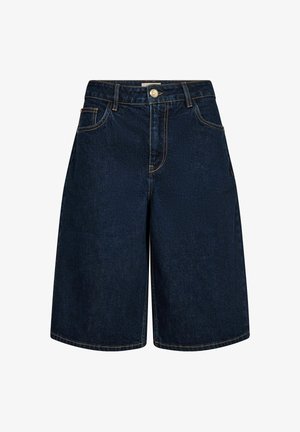 Mørkeblå denim shorts til knæet med bæltestropper, knaplukning foran og synlige kontrastsyninger.