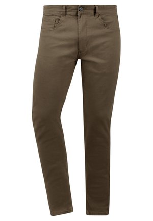 Chinos de algodón en un verde oliva apagado con un diseño de pierna recta, que cuentan con dos bolsillos delanteros y un bolsillo trasero, y cierre clásico de botón.