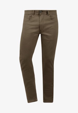 Chinos en coton de couleur olive atténuée avec une coupe droite, dotés de deux poches avant et d'une poche arrière unique, fermeture à bouton classique.