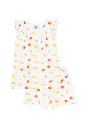 Ensemble sans manches blanc avec un short, orné de motifs colorés de fraises et de fruits, conçu pour les jeunes filles.