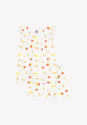 Completo composto da canotta senza maniche e pantaloni corti, con una vivace stampa di fragole e frutta, progettato per bambine.