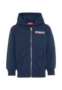 Felpa con cappuccio blu navy con cerniera, realizzata in cotone. Presenta una cerniera frontale, tasche a marsupio e un logo sul petto. Texture morbida e cappuccio.