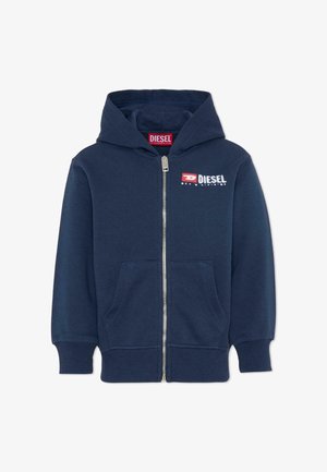 Marineblauwe zip-up hoodie van katoen. Heeft een ritssluiting aan de voorkant, kangoeroezakken en een logo op de borst. Zachte textuur en capuchon.