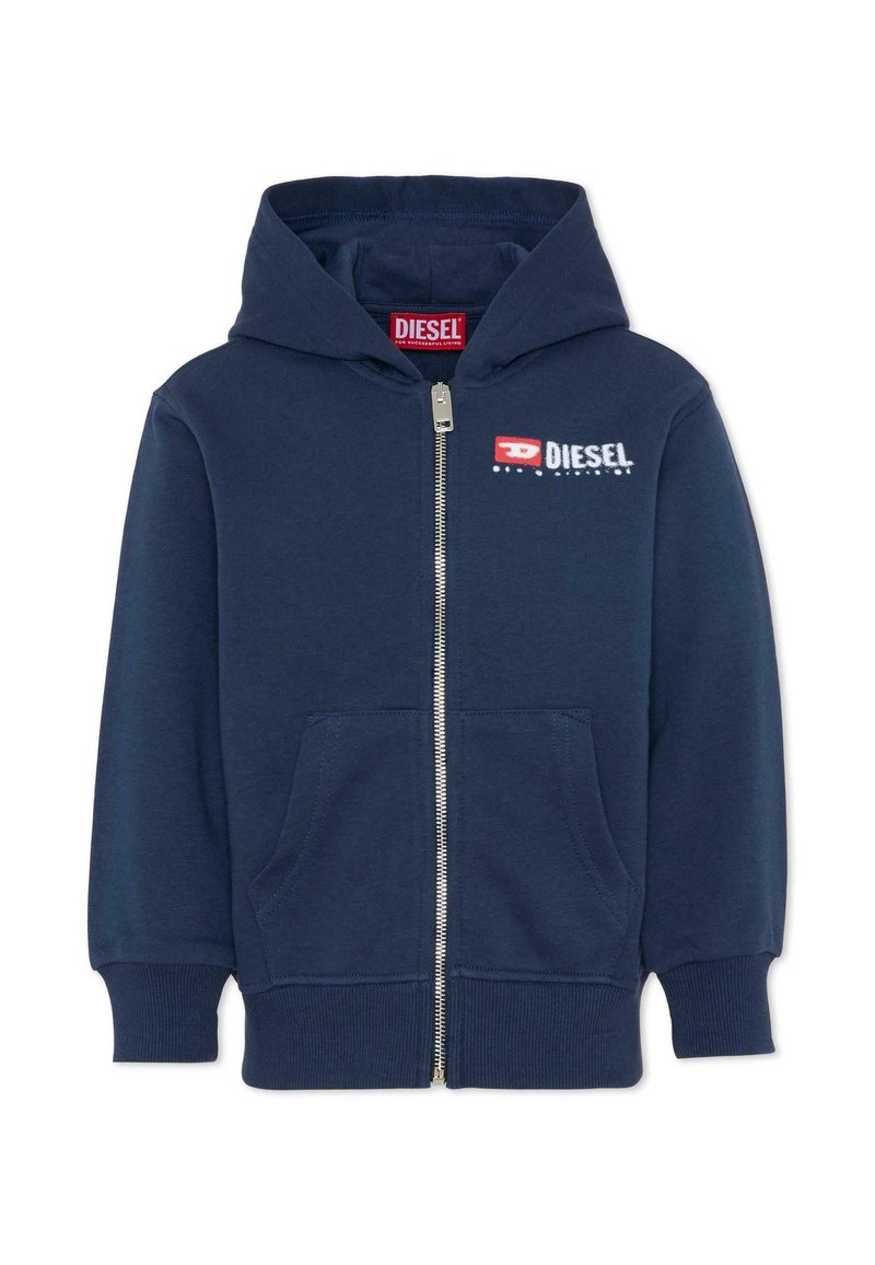 Felpa con cappuccio blu navy con cerniera, realizzata in cotone. Presenta una cerniera frontale, tasche a marsupio e un logo sul petto. Texture morbida e cappuccio.