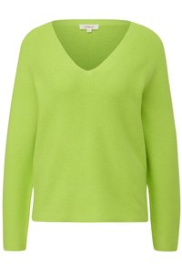 V-Ausschnitt, langärmliger Pullover in leuchtendem Limettengrün. Aus einem strukturierten Strickstoff mit gerippten Abschlüssen gefertigt. Leicht und lässig.