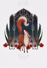 Illustratie van een bruine vos met een witte onderkant, omringd door rode bloemen en groene bladeren, tegen een nachtelijke lucht en een decoratieve boog.