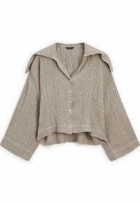 Beige linnen cropped shirt met lange mouwen, een brede kraag en een sluiting met knopen aan de voorkant. Kenmerkt zich door een gestructureerd, gekreukt patroon.