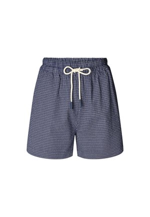 Marineblaue karierte Shorts mit elastischem Bund, Kordelzugverschluss und Seitentaschen. Hergestellt aus weichem, leichtem Stoff.