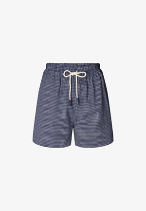 Marineblaue karierte Shorts mit elastischem Bund, Kordelzugverschluss und Seitentaschen. Hergestellt aus weichem, leichtem Stoff.