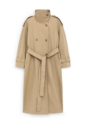 Beige trenchcoat med dobbeltradet front, bælte i taljen, krave, skulderepauletter og manchetstropper. Glat stof og lige snit.