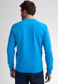 Felpa blu a maniche lunghe con scollo rotondo, texture liscia e polsini a costine. La vista da dietro mostra un design semplice senza dettagli aggiuntivi.
