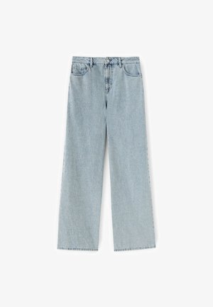 Lichtblauwe, wijde jeans met hoge taille, voorzien van knopen en rits aan de voorkant, riemlussen en een klassiek ontwerp met vijf zakken.