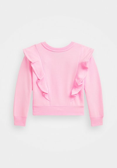 Rosa sweatshirt med långa ärmar, volangdetaljer längs axlarna, ribbade muddar och rundad halsringning. Mjuk tygtextur.