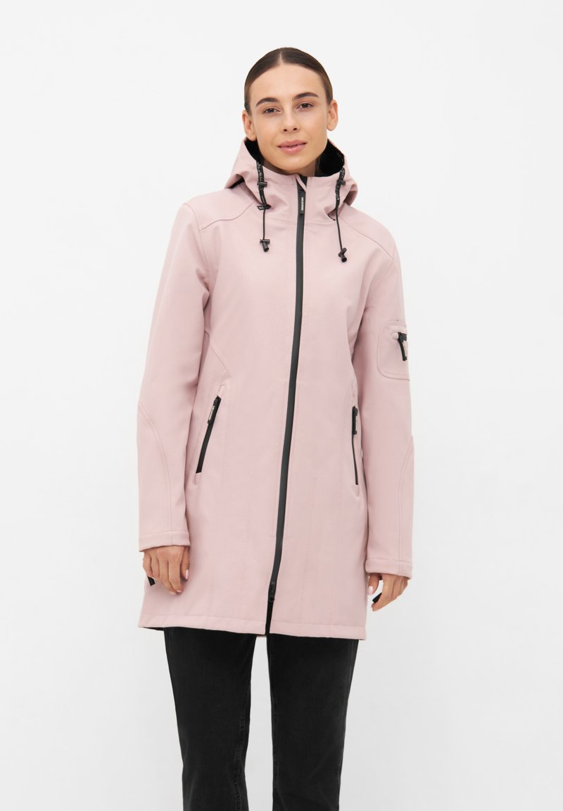 Chaqueta larga de color rosa claro con capucha, cremallera negra y dos bolsillos laterales. Cuenta con cordones ajustables y un acabado texturizado.