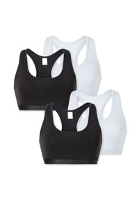 Twee-pack sportbeha's; één zwart en één wit. Gemaakt van zachte, rekbare stof met een racerback ontwerp en een elastische band.