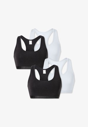 Pack de deux brassières de sport : une noire et une blanche. Fabriquées dans un tissu doux et extensible avec un design dos nageur et une bande élastiquée.