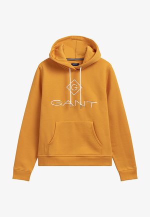 Mustard yellow hoodie with front pouch pocket, white drawstrings, and white "GANT" logo centered on chest with a diamond outline around the "G".