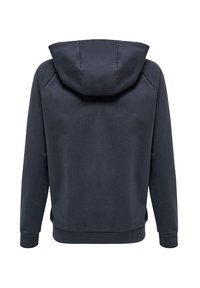 Felpa cappuccio di un blu navy scuro con un cappuccio grande e strutturato. Presenta una texture liscia e polsini aderenti, con orlo a coste e un design semplice.