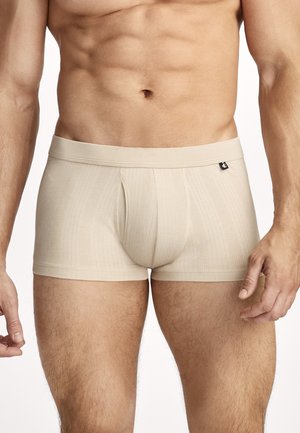 Männlicher Oberkörper und obere Beine, bekleidet mit beige gerippten Boxershorts mit einem kleinen schwarzen Logoetikett an der rechten Seite des Bunds.