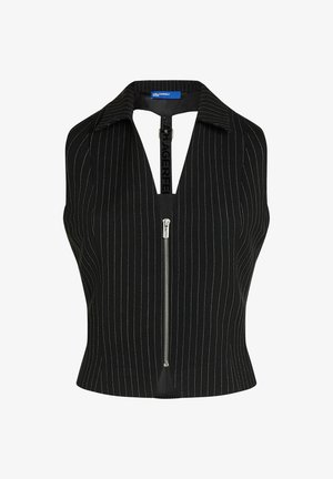 Sort ærmeløs top med nålestriber, sølv lynlås foran, bred krave og Karl Lagerfeld-mærket strop indeni halsudskæringen.