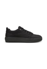 Sneaker neri realizzati in pelle e tessuto, con punta rotonda, design con lacci e suola in gomma spessa e testurizzata.