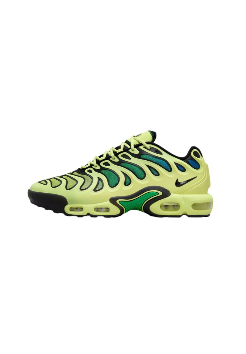Chaussure de course Nike en vert lime avec des accents noirs et teal. Présente un design ondulé, un amorti à air et une semelle extérieure texturée. Lacets visibles.