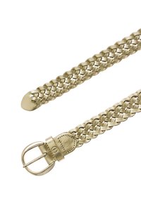 Vævet læderbælte i metallic guld med en afrundet ende og en spænde i sølvfarvet metal. Har en tekstureret overflade og fletdesign.