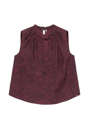 Ärmellose Pflaumenbluse mit schwarzem Paisley-Muster, gerafftem Halsausschnitt und Vorderbindedetail, flach auf weißem Hintergrund liegend.