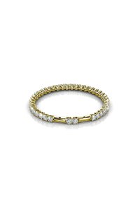 Gouden ring met een verfijnd ontwerp, voorzien van een rij ronde, heldere edelstenen die gelijkmatig over de band zijn verdeeld, en een gladde, gepolijste afwerking.