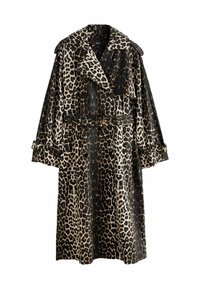 Płaszcz trench w leopardzi wzór w kolorze czarnym, beżowym i brązowym. Posiada pasek w talii, szerokie klapy, podwójne zapięcie z przodu oraz podwinięte rękawy.