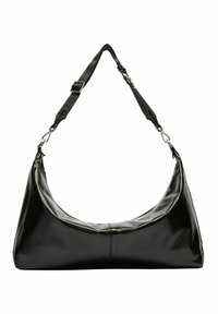 Sac à épaule en simili cuir noir, de forme arrondie, avec une bandoulière ajustable et des détails en métal. Texture lisse et brillante.