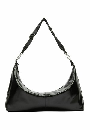 Schwarze Kunstleder-Schultertasche mit runder Form, verstellbarem Tragegurt und metallischen Hardware-Details. Glatte, glänzende Textur.
