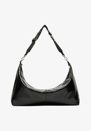 Black faux leather shoulder bag with a rounded shape, adjustable strap, and metallic hardware details. Smooth, shiny texture.