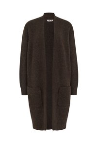 Smeđi pleteni kardigan s otvorenim prednjim dijelom, dugim rukavima i dva prednja džepa. Ima rebrastu teksturu i udoban izgled.