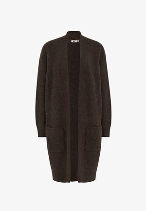 Bruine gebreide cardigan met een open voorkant, lange mouwen en twee voorzakken. Heeft een geribbelde structuur en een gezellige uitstraling.