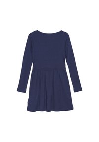 Navy-blaues langärmliges Kleid mit tailliertem Oberteil und ausgestelltem Saum. Texturierter Stoff mit glatter Oberfläche. Rundhalsauschnitt und gerafftem Rock.