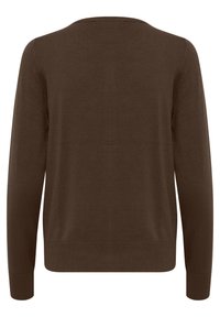 Brauner Strickpullover mit langen Ärmeln und Rundhalsausschnitt. Hat eine glatte Textur und einen gerippten Saum. Unifarben, keine Muster oder Akzente.