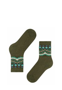 Calze verde oliva con un motivo geometrico, caratterizzate da accenti blu, teal e bianchi vicino al bordo. Tessuto lavorato a maglia testurizzato.