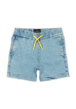 Jasnoniebieskie szorty dżinsowe z elastycznym pasem i żółtym sznurkiem, z przednimi kieszeniami i małą czarną metką.