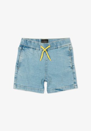 Pantaloncini in denim azzurro chiaro con vita elastica e coulisse gialla, dotati di tasche frontali e una piccola etichetta nera del marchio.