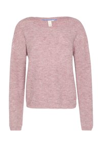 Różowy sweter z dzianiny o szerokim dekolcie, długich rękawach i luźnym kroju. Posiada strukturalny wzór oraz dyskretną metkę z logo na dole.