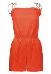 Pomarańczowy, bezrękawnik z falbanami, z fakturowanej tkaniny i elastycznym pasem. Sznureczki na ramionach i koronkowe zdobienia u dołu.