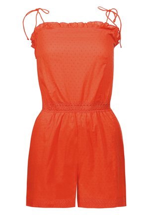 Pomarańczowy, bezrękawnik z falbanami, z fakturowanej tkaniny i elastycznym pasem. Sznureczki na ramionach i koronkowe zdobienia u dołu.